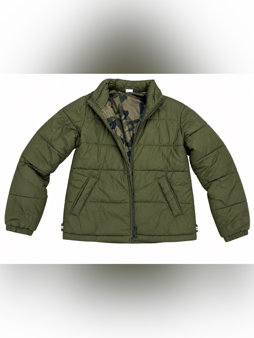 REI Olive Green Puffer Jacket with Camo Lining